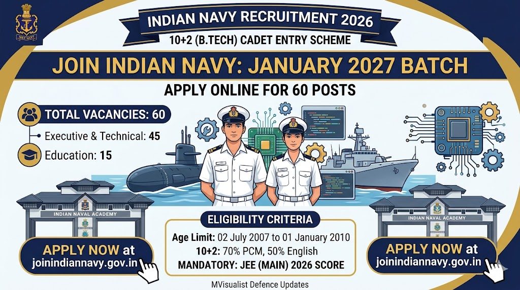 join indian navy 10+2 b.tech entry january 2027 batch apply online for 60 posts
