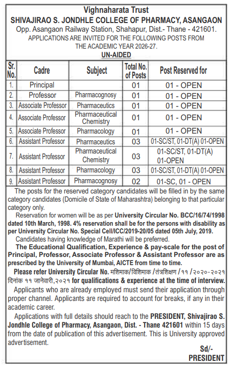Shivajirao S. Jondhle College of Pharmacy Recruitment 2026: Apply for 16 Faculty Posts Shivajirao S. Jondhle College of Pharmacy Recruitment 2026: Apply for 16 Faculty Posts