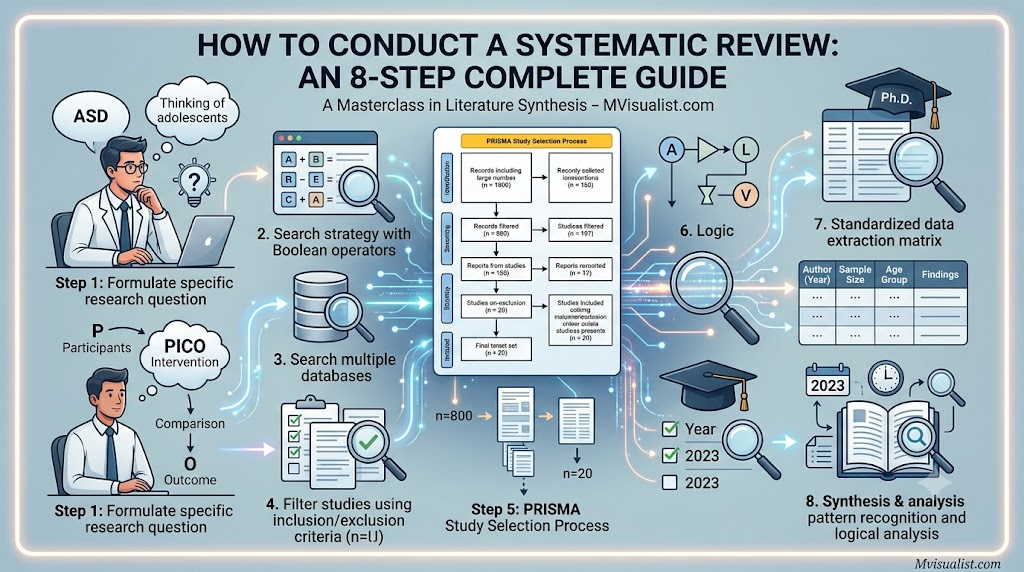 How to Conduct a Systematic Review: An 8-Step Complete GuideA systematic review follows a clear and strict process. Master the art of academic literature synthesis from formulating the research question to final PRISMA documentation.